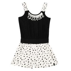 Deax Par Deux Black & White Heart Print Romper with Fringe Detail // 10